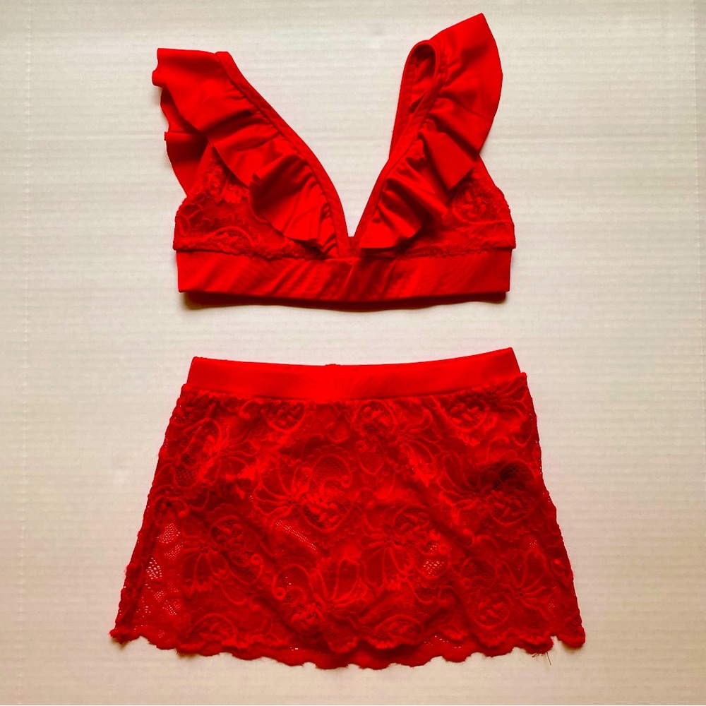 Custom Sewn Red Lace Dance Costume, Child Size XL